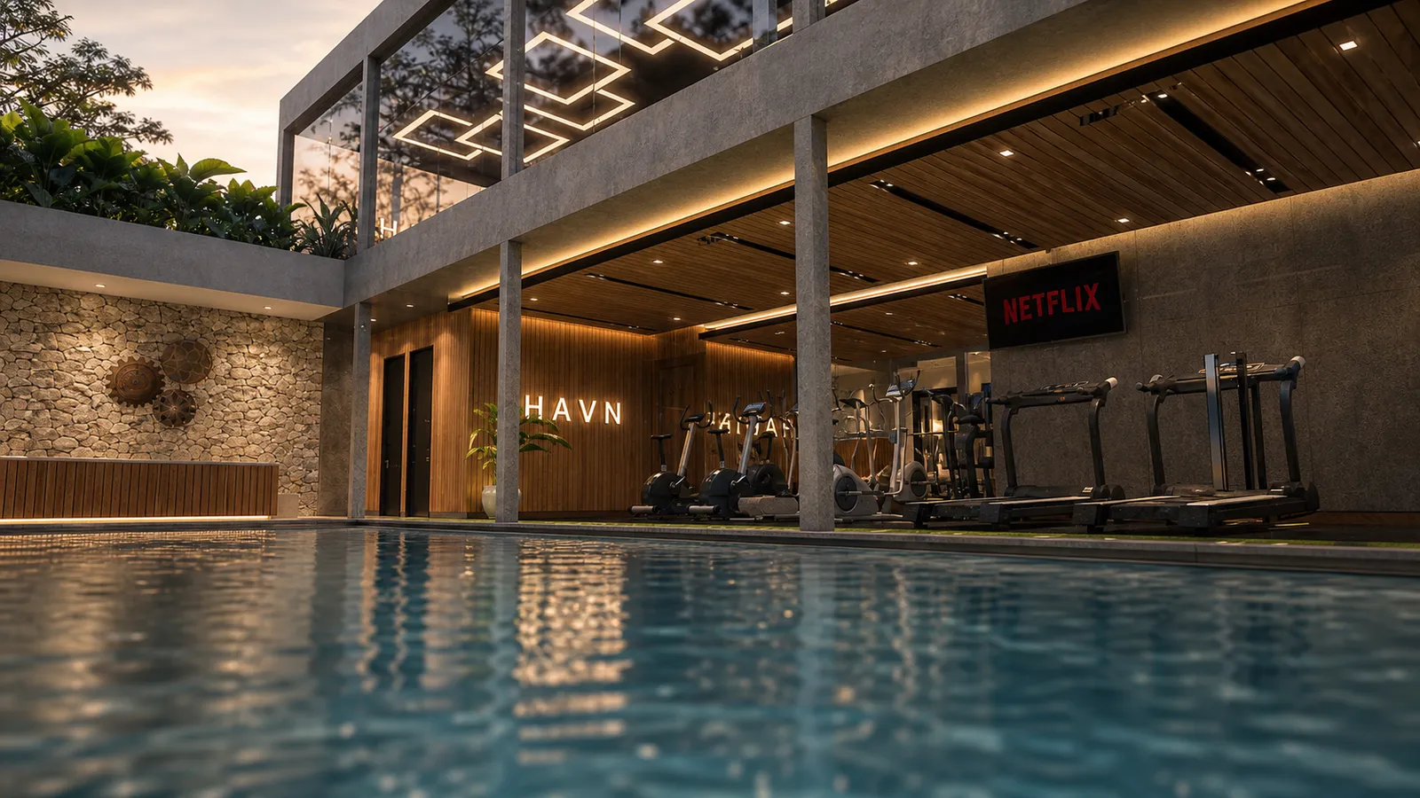 HAVN shared indoor pool at ground level, looking towards the gym